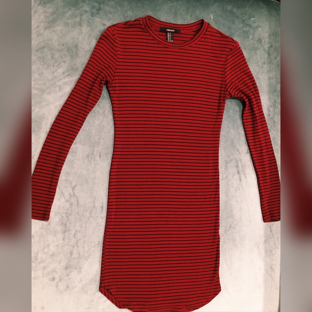 FOREVER 21 Burgundy Striped Long Sleeve Dress